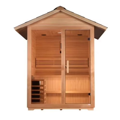 Solid Wood Garden Sauna Cabin with Clear Glass Facade product image