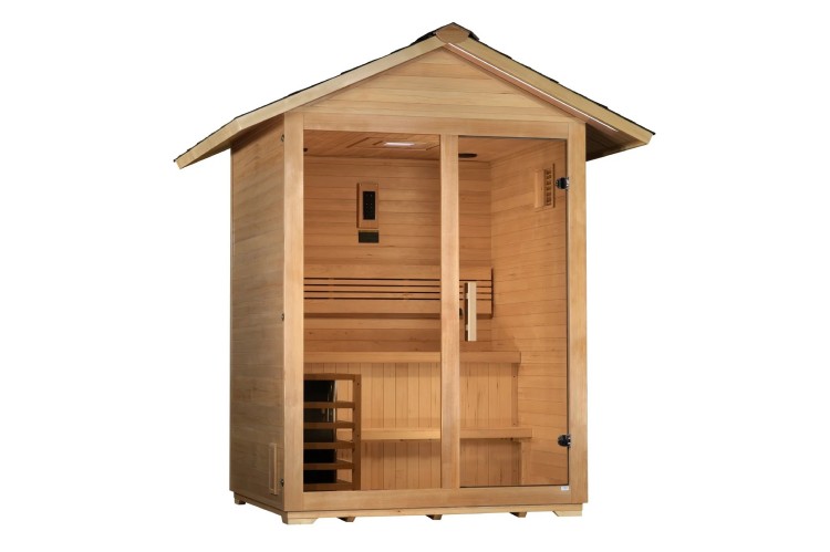 Modern Outdoor Sauna House with Glass Door, Natural Wood Construction, Freestanding Backyard Spa Cabin for Wet/Dry Heat Door and glass