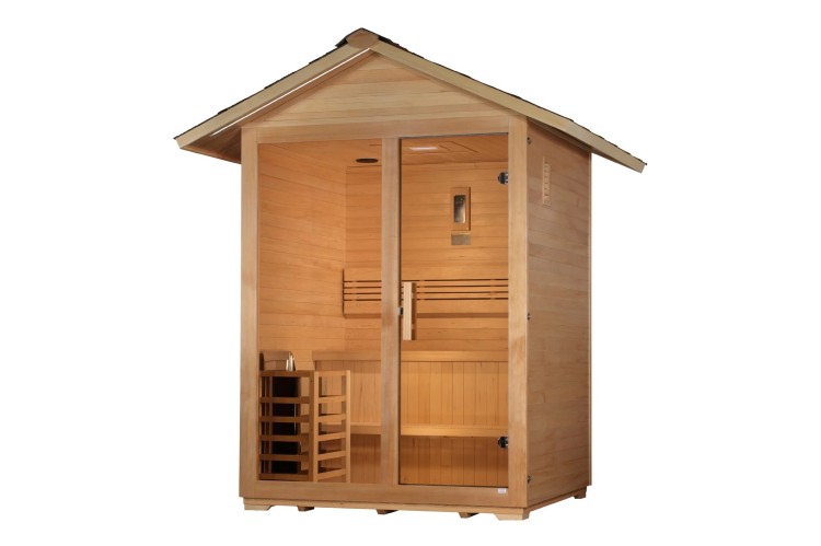 Modern Outdoor Sauna House with Glass Door, Natural Wood Construction, Freestanding Backyard Spa Cabin for Wet/Dry Heat Side profile