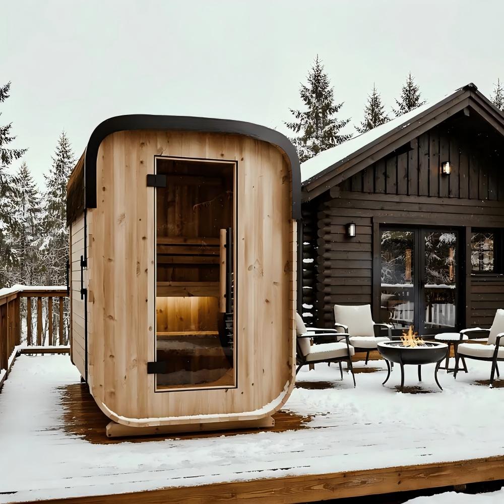 Weatherproof Outdoor Sauna Pod with Black Frame Exterior angle