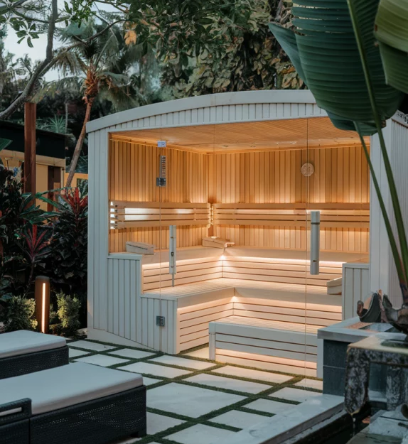 Modern Outdoor Solid Wood Sauna Room Bench Seating 6kw Electric Heating Computer Control Panel for Home Garden Wellness Spa Use Door and glass