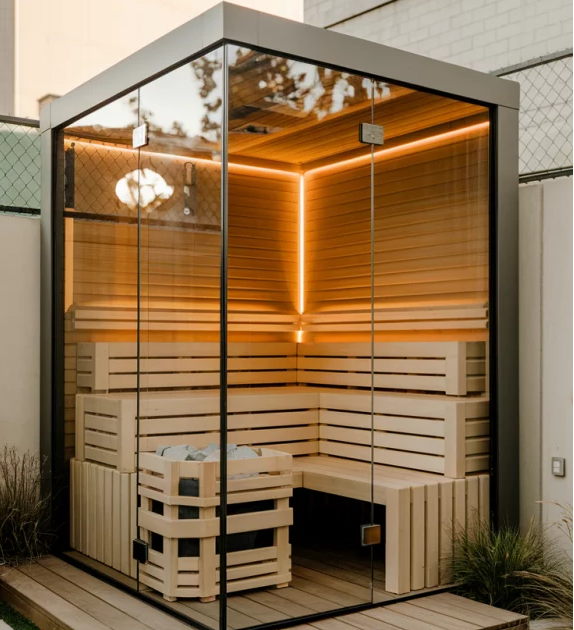 Modern Outdoor Steam Cabin for Garden Villa Contemporary Glass-Walled Sauna Solid Wood Interior Electric Heating Private Spa Door and glass