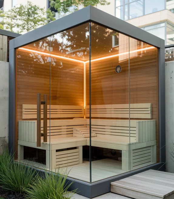 Modern Outdoor Steam Cabin for Garden Villa Contemporary Glass-Walled Sauna Solid Wood Interior Electric Heating Private Spa Side profile