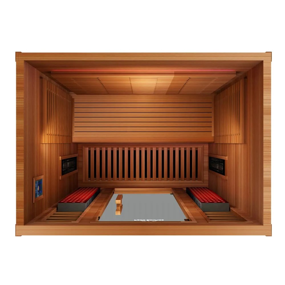 Modern Personal Far Infrared Sauna for Home Use, Indoor Wooden Detox Sauna Cabin with Chromotherapy LED Lighting System Side profile