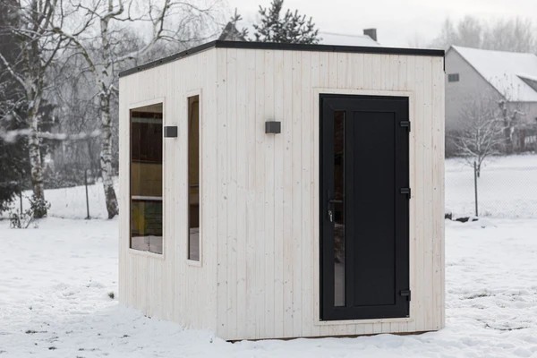 Modern White Cube Sauna Cabin with Large View Window, 4-6 Person Outdoor Sauna Room with Wood-Burning Stove & Chimney Interior detail