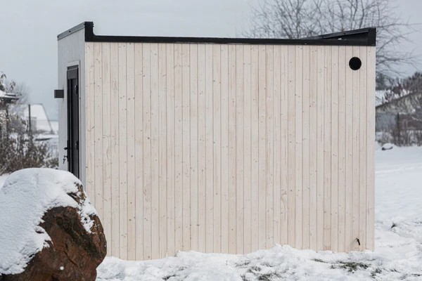 Modern White Cube Sauna Cabin with Large View Window, 4-6 Person Outdoor Sauna Room with Wood-Burning Stove & Chimney Side profile
