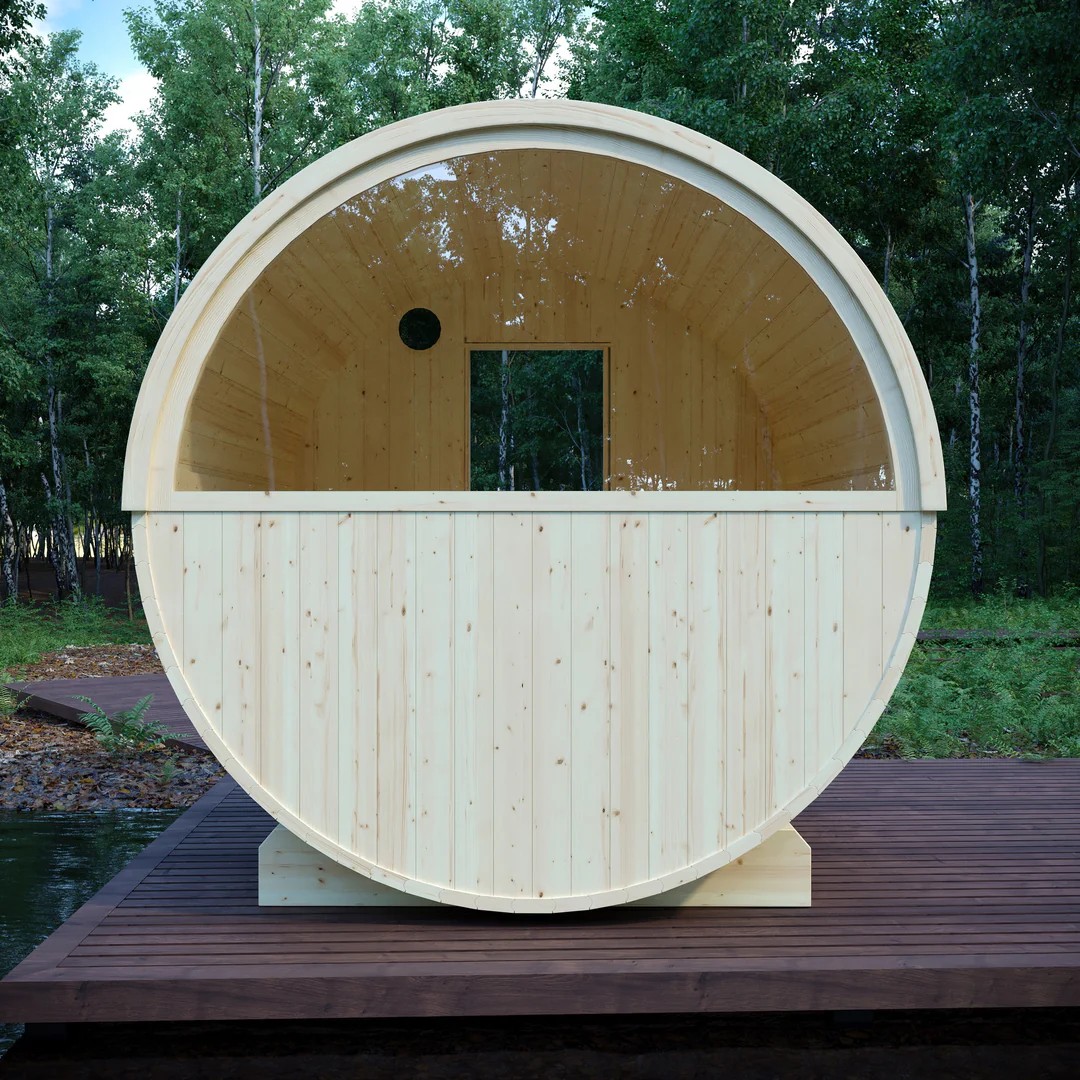 Natural Pine Barrel Sauna, Outdoor Wooden Sauna with Glass Door and Metal Reinforcement Interior detail