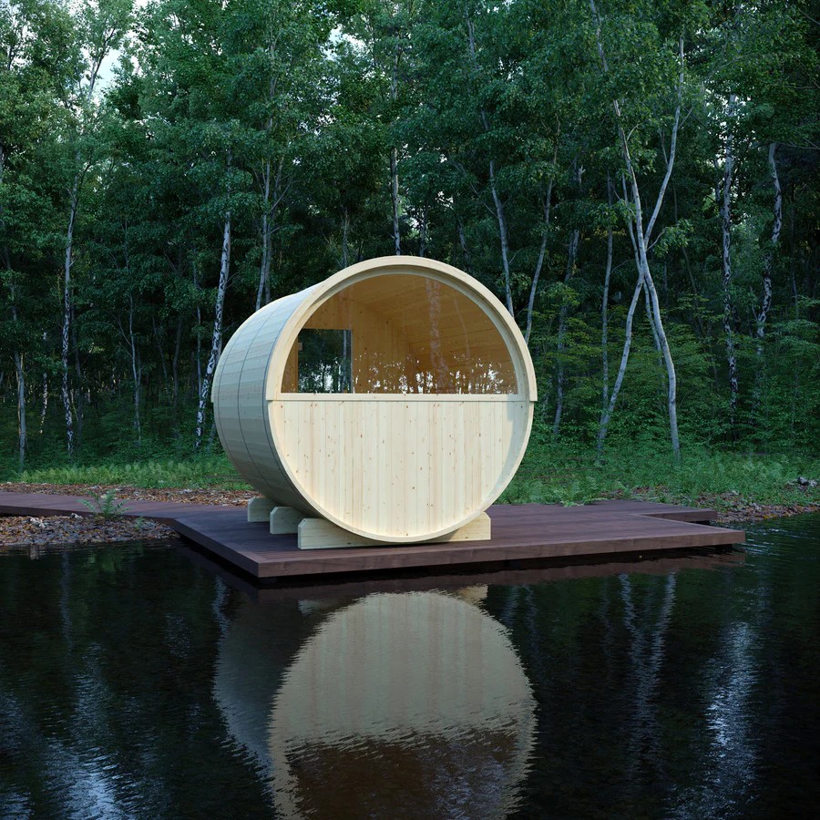 Natural Pine Barrel Sauna, Outdoor Wooden Sauna with Glass Door and Metal Reinforcement Door and glass