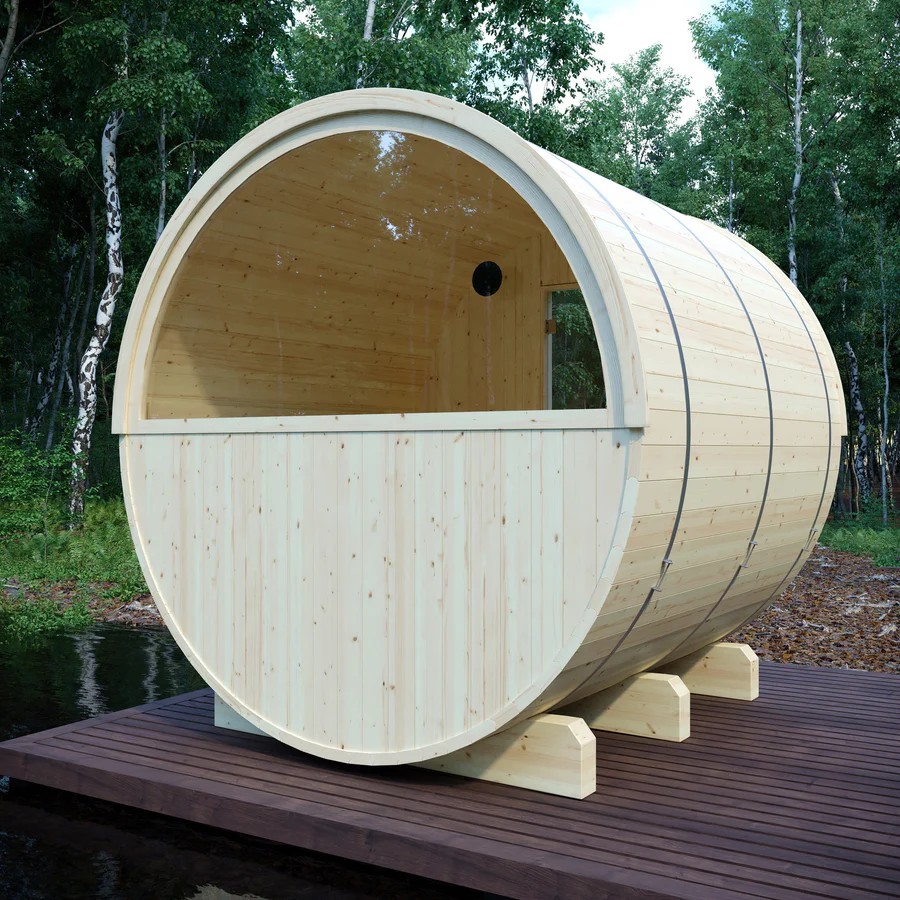Natural Pine Barrel Sauna, Outdoor Wooden Sauna with Glass Door and Metal Reinforcement Side profile