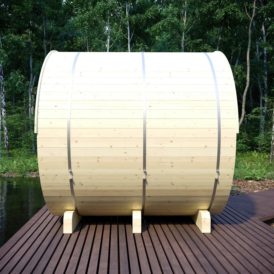 Natural Pine Barrel Sauna, Outdoor Wooden Sauna with Glass Door and Metal Reinforcement Buyer reference