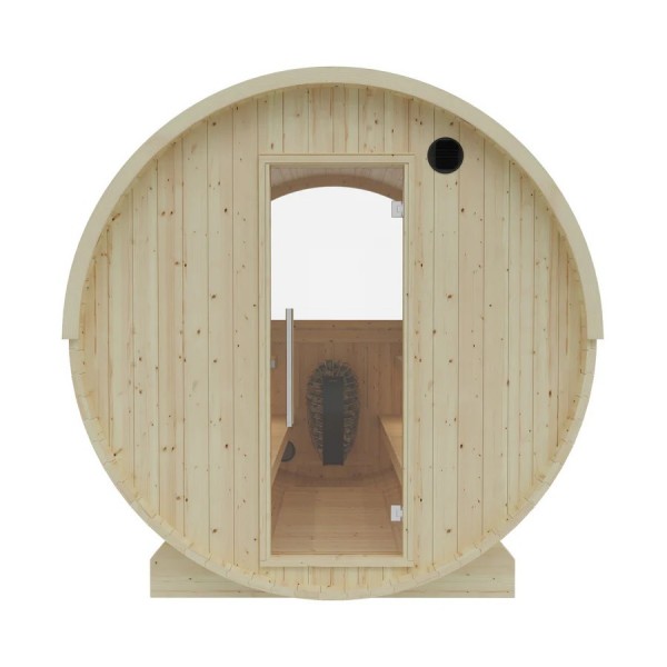 Natural Pine Barrel Sauna, Outdoor Wooden Sauna with Glass Door and Ventilation Hole Interior detail