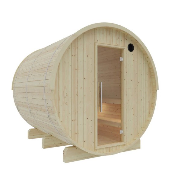Natural Pine Barrel Sauna, Outdoor Wooden Sauna with Glass Door and Ventilation Hole Side profile