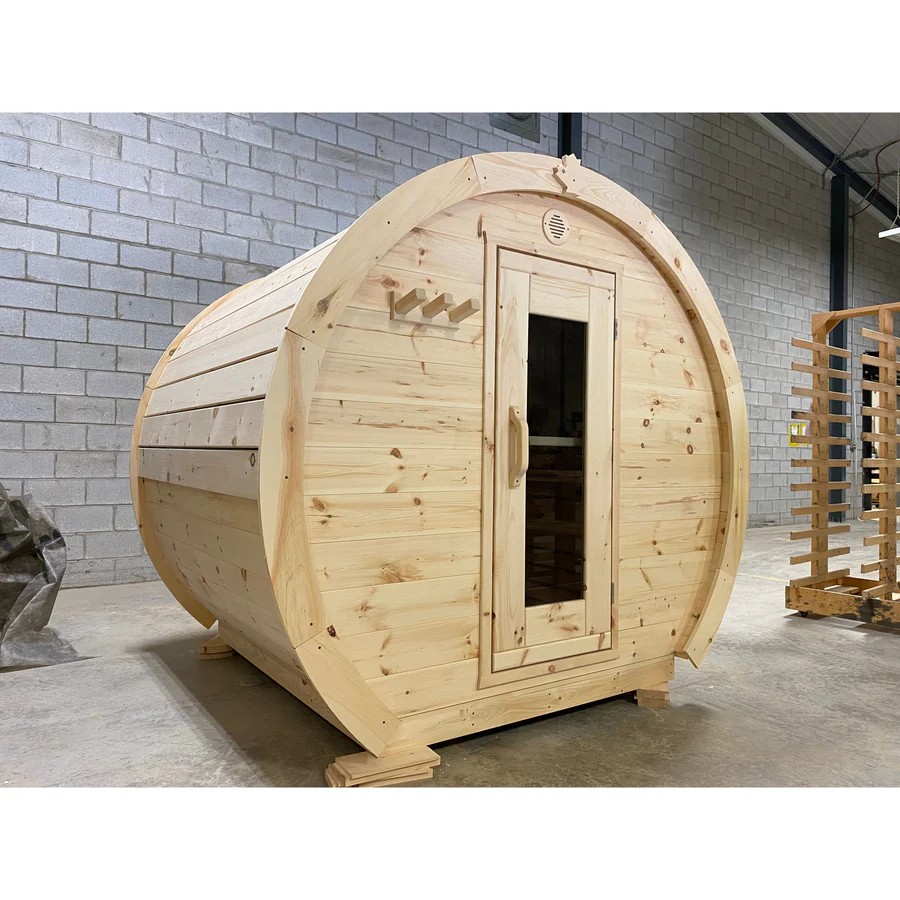 Natural Pine Barrel Sauna, Outdoor Wooden Sauna with Open Porch and Built-in Benches Side profile