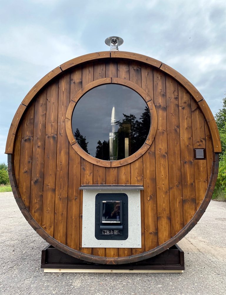 4-6 Person Outdoor Barrel Sauna with Open Porch Side profile