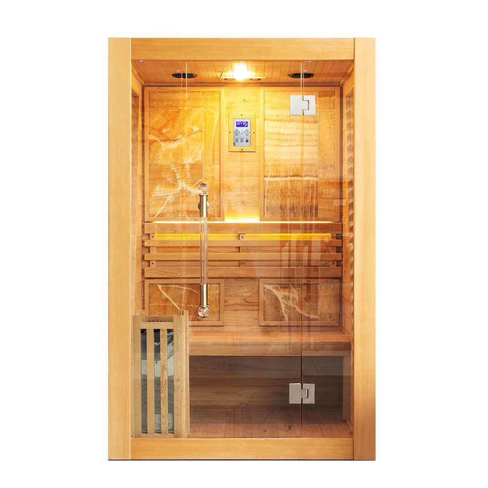 Natural Wood Indoor Sauna Room - 1-2 Person Louvered Panel Sauna Cabin %7C Home Bathroom Spa Sauna with LED Lighting &amp; Glass Door Interior detail