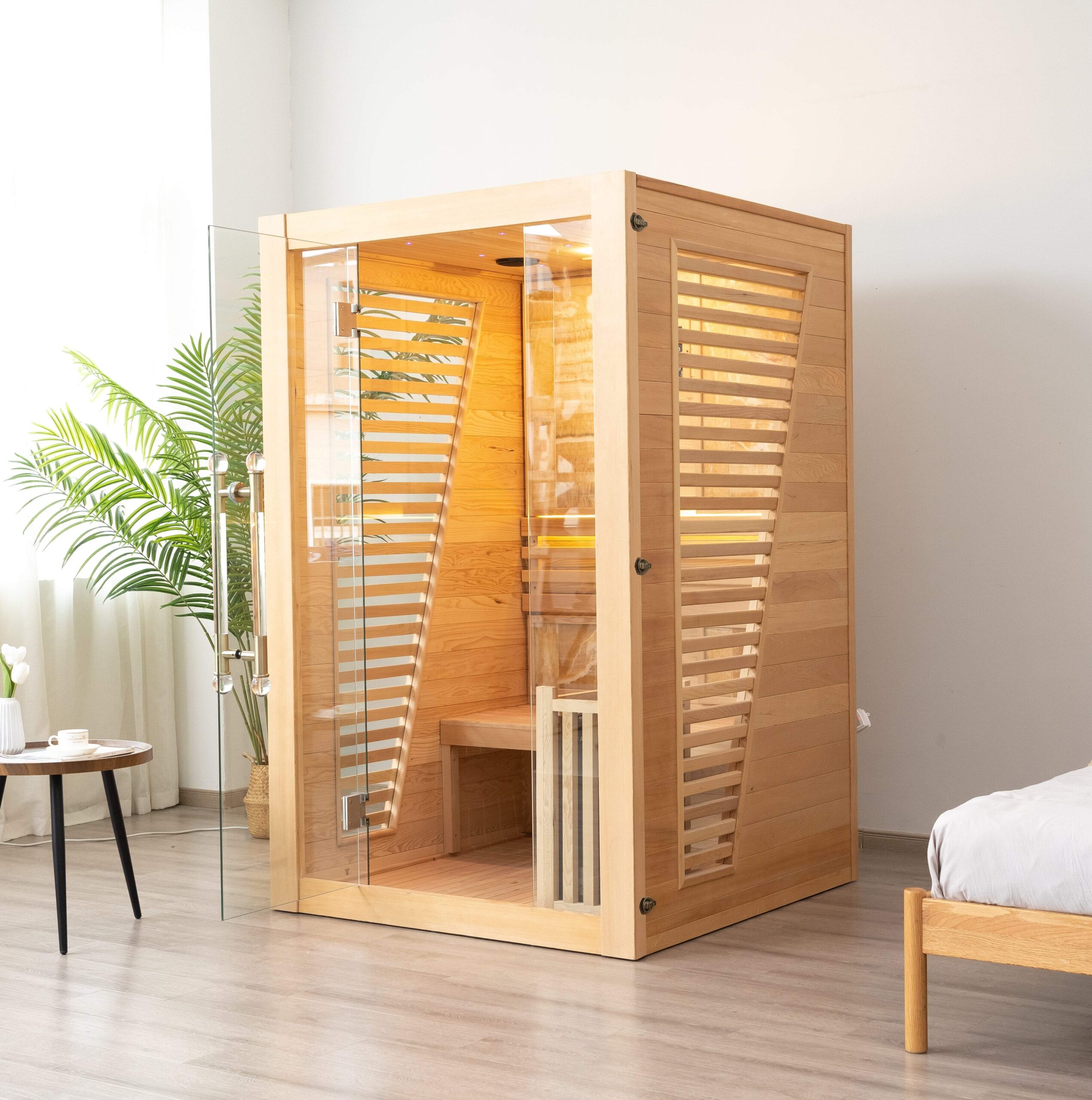 Natural Wood Indoor Sauna Room - 1-2 Person Louvered Panel Sauna Cabin %7C Home Bathroom Spa Sauna with LED Lighting &amp; Glass Door Door and glass