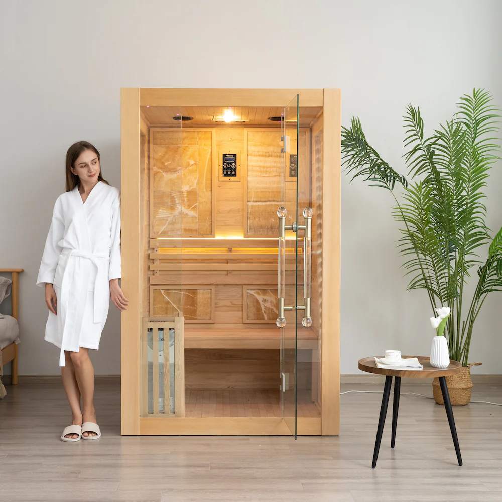 Natural Wood Indoor Sauna Room - 1-2 Person Louvered Panel Sauna Cabin %7C Home Bathroom Spa Sauna with LED Lighting &amp; Glass Door Side profile