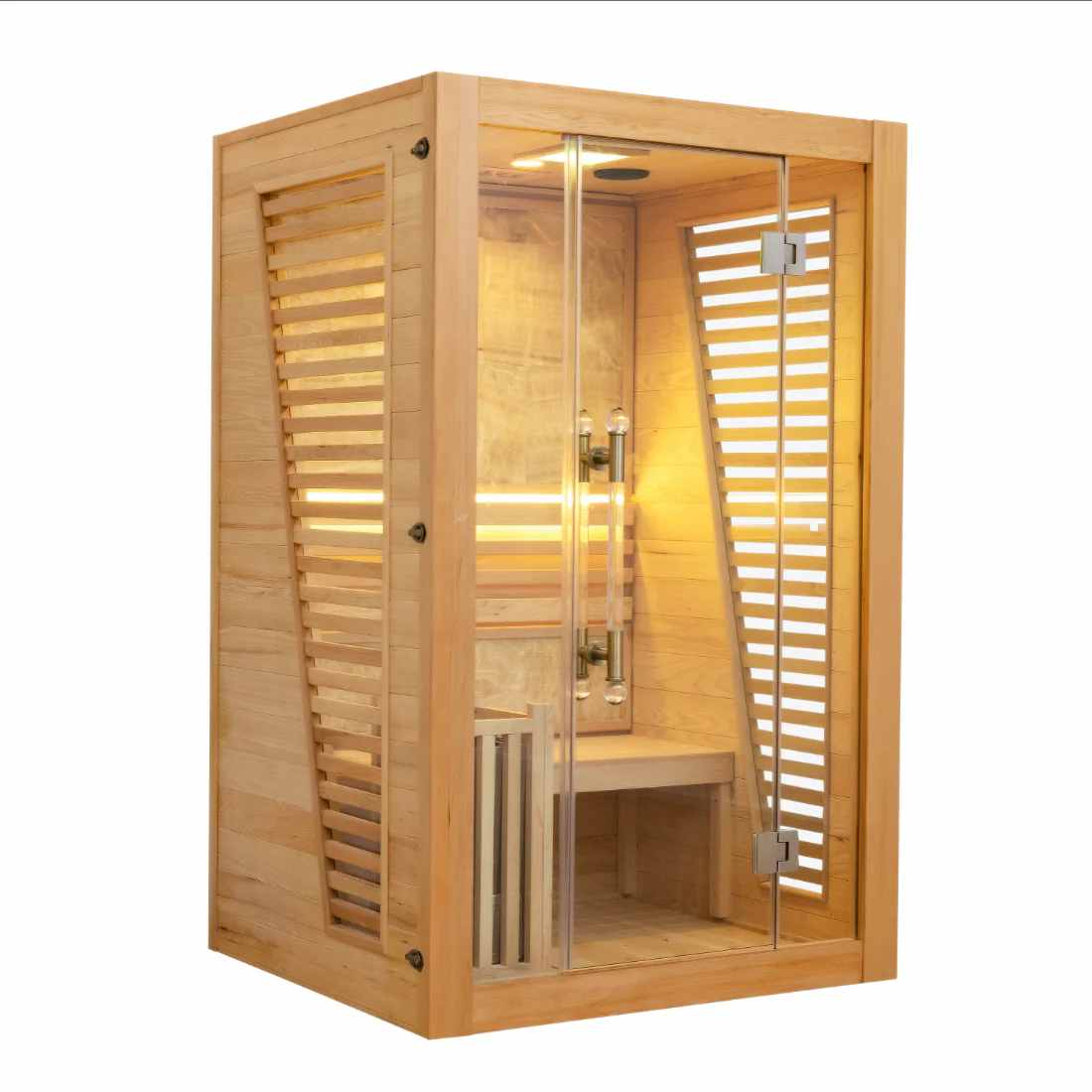 Natural Wood Indoor Sauna Room - 1-2 Person Louvered Panel Sauna Cabin %7C Home Bathroom Spa Sauna with LED Lighting &amp; Glass Door Buyer reference