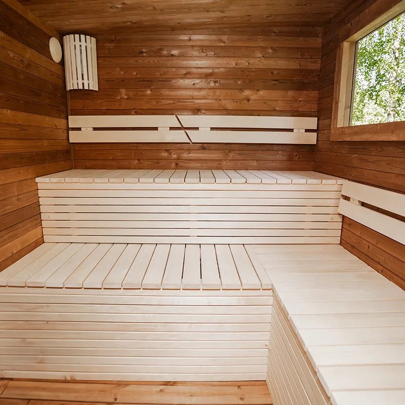 Natural Wood Outdoor Sauna Cabin Freestanding Hot Steam Room for Backyard Interior detail