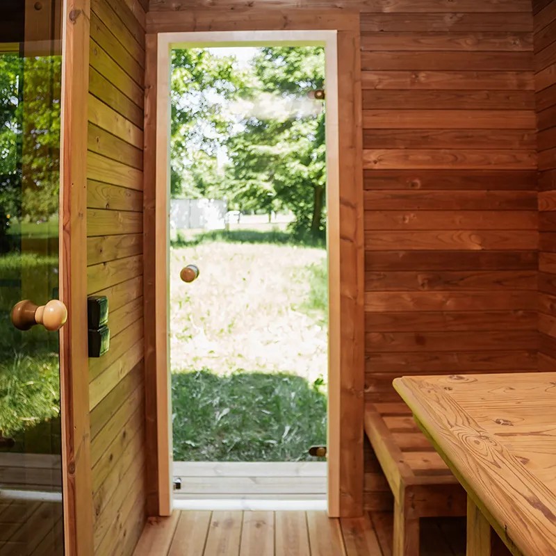 Natural Wood Outdoor Sauna Cabin Freestanding Hot Steam Room for Backyard Door and glass