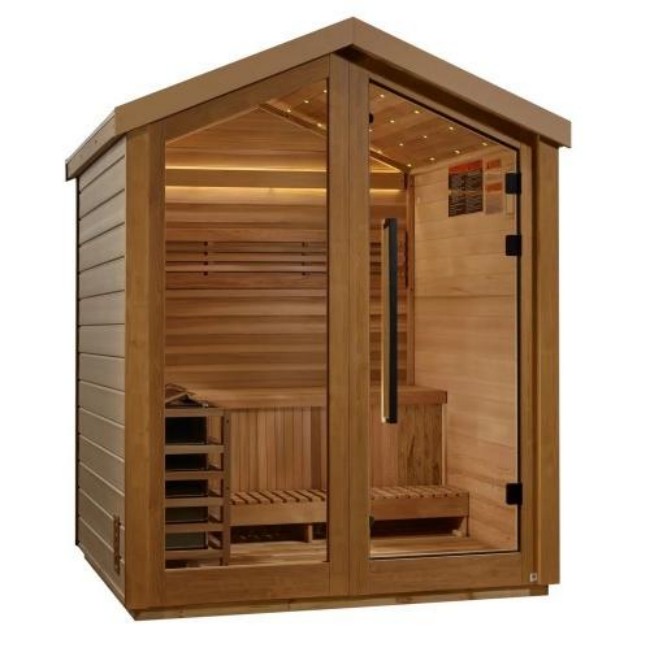 Natural Wood Outdoor Sauna House, Freestanding Backyard Spa Cabin, Traditional Dry Steam Sauna with Gable Roof for Home Side profile