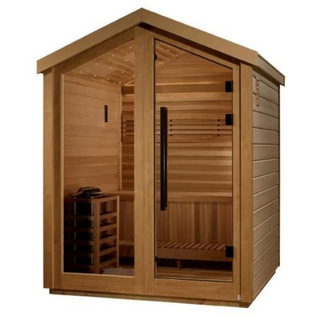 Natural Wood Outdoor Sauna House, Freestanding Backyard Spa Cabin, Traditional Dry Steam Sauna with Gable Roof for Home Buyer reference