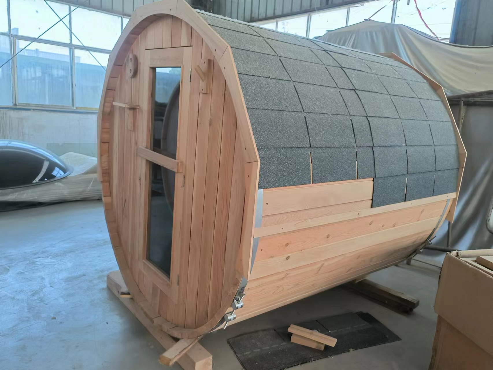 Red Cedar Outdoor Barrel Sauna Room CSA-94 Side profile