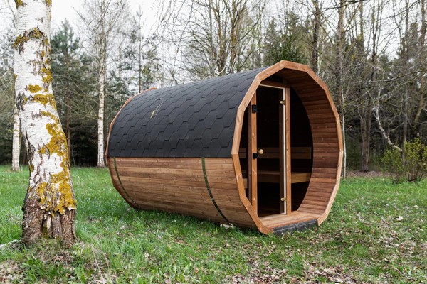Weatherproof Garden Barrel Sauna with Sealed Dark Door Frame Interior detail