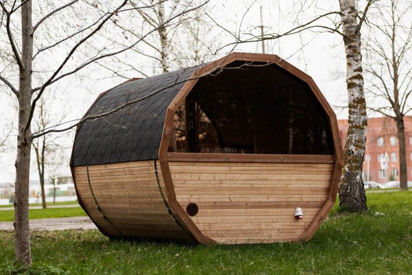 Weatherproof Garden Barrel Sauna with Sealed Dark Door Frame Side profile