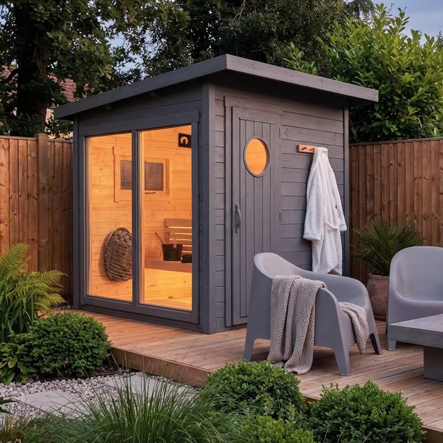 Nordic Dark Grey Cabin Sauna, Compact Outdoor Sauna with Floor-to-Ceiling Glass Panels Exterior angle