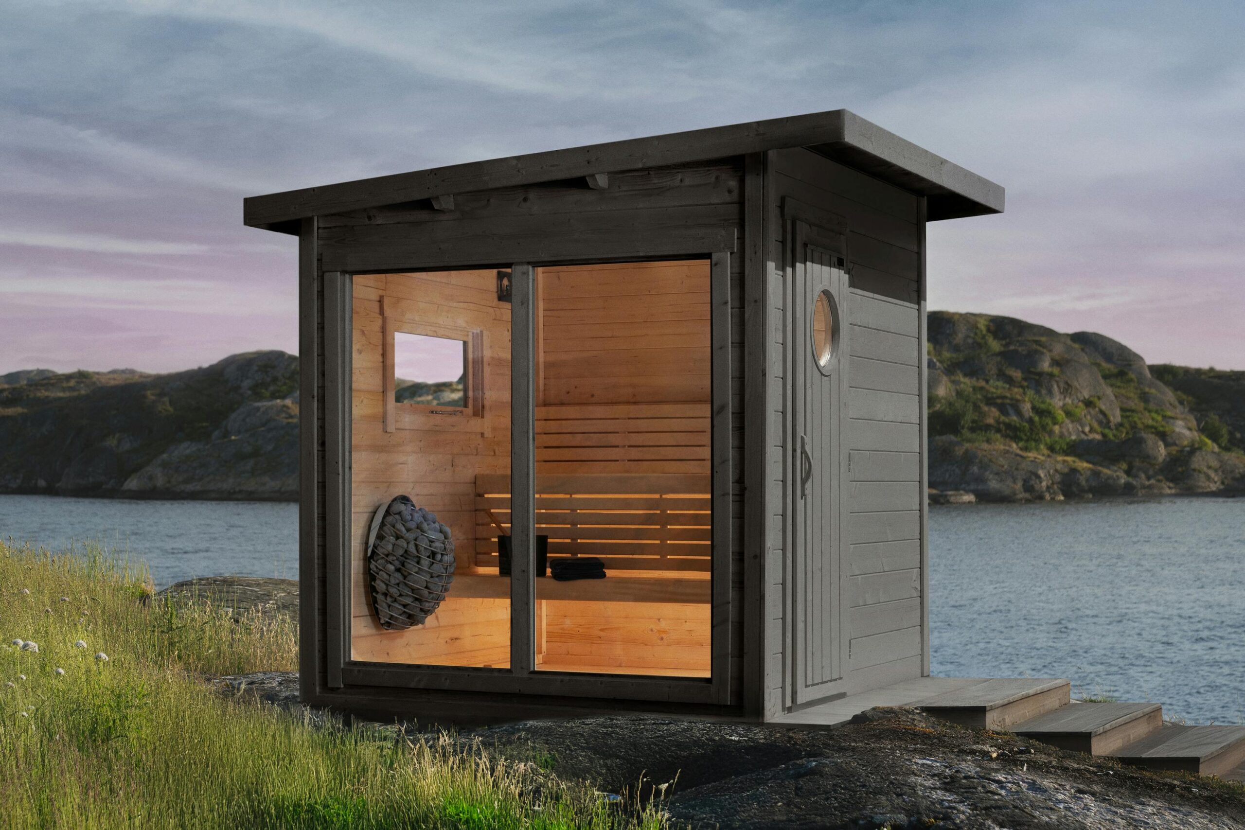 Nordic Dark Grey Cabin Sauna, Compact Outdoor Sauna with Floor-to-Ceiling Glass Panels Interior detail