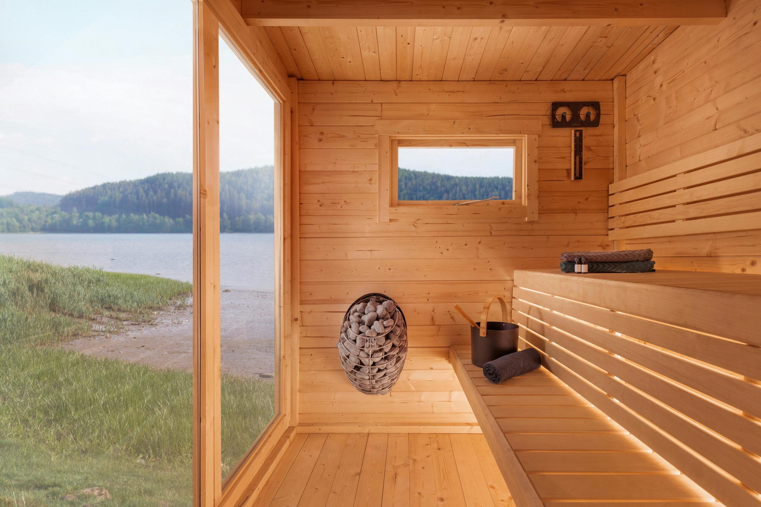 Nordic Dark Grey Cabin Sauna, Compact Outdoor Sauna with Floor-to-Ceiling Glass Panels Door and glass