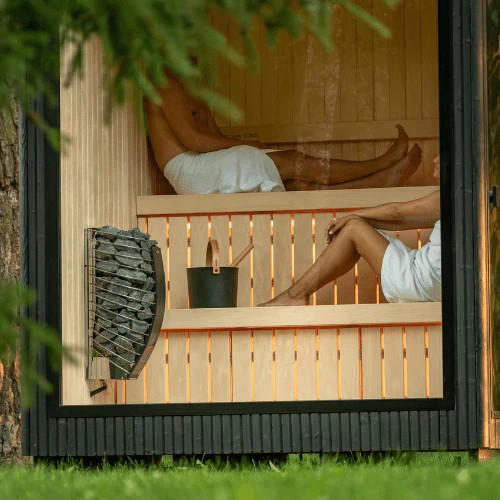 2-4 Person Outdoor Cube Sauna Cabin with Open Terrace Side profile