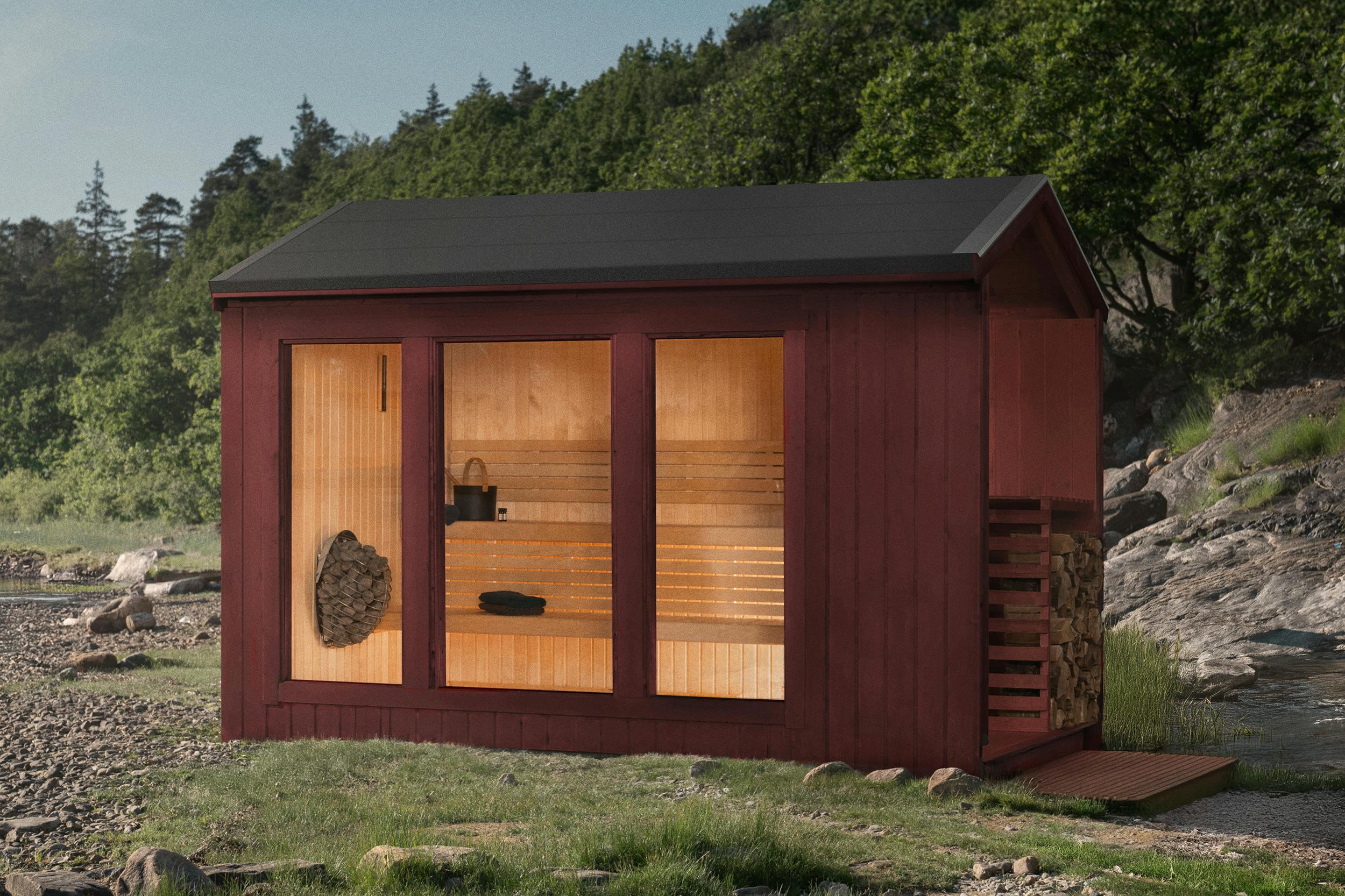 Nordic Red Cabin Sauna with Firewood Storage, Outdoor Sauna with Floor-to-Ceiling Glass Panels Side profile