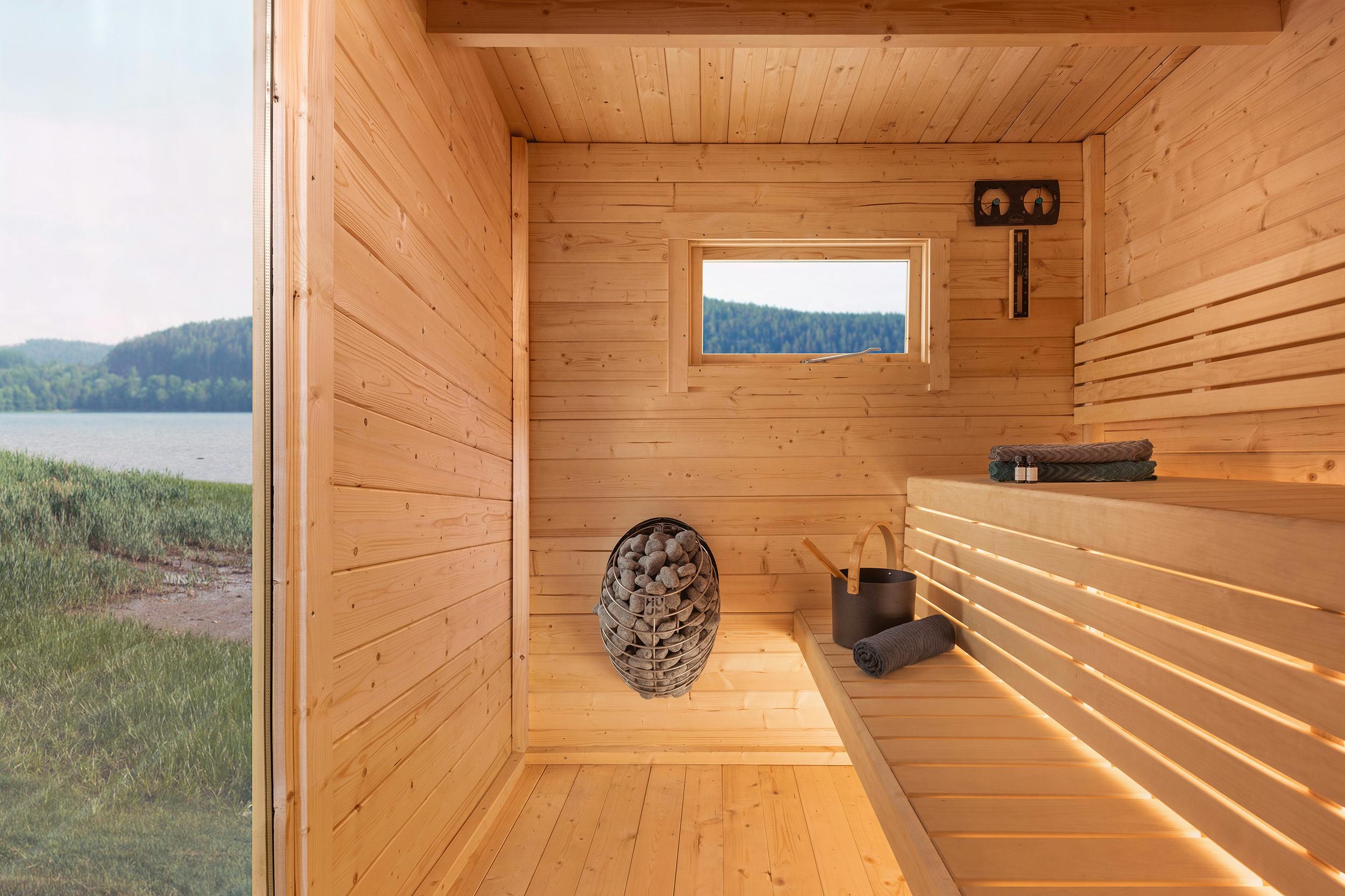 Nordic Red Outdoor Cabin Sauna, Compact Wood Sauna with Large Glass Window Interior detail