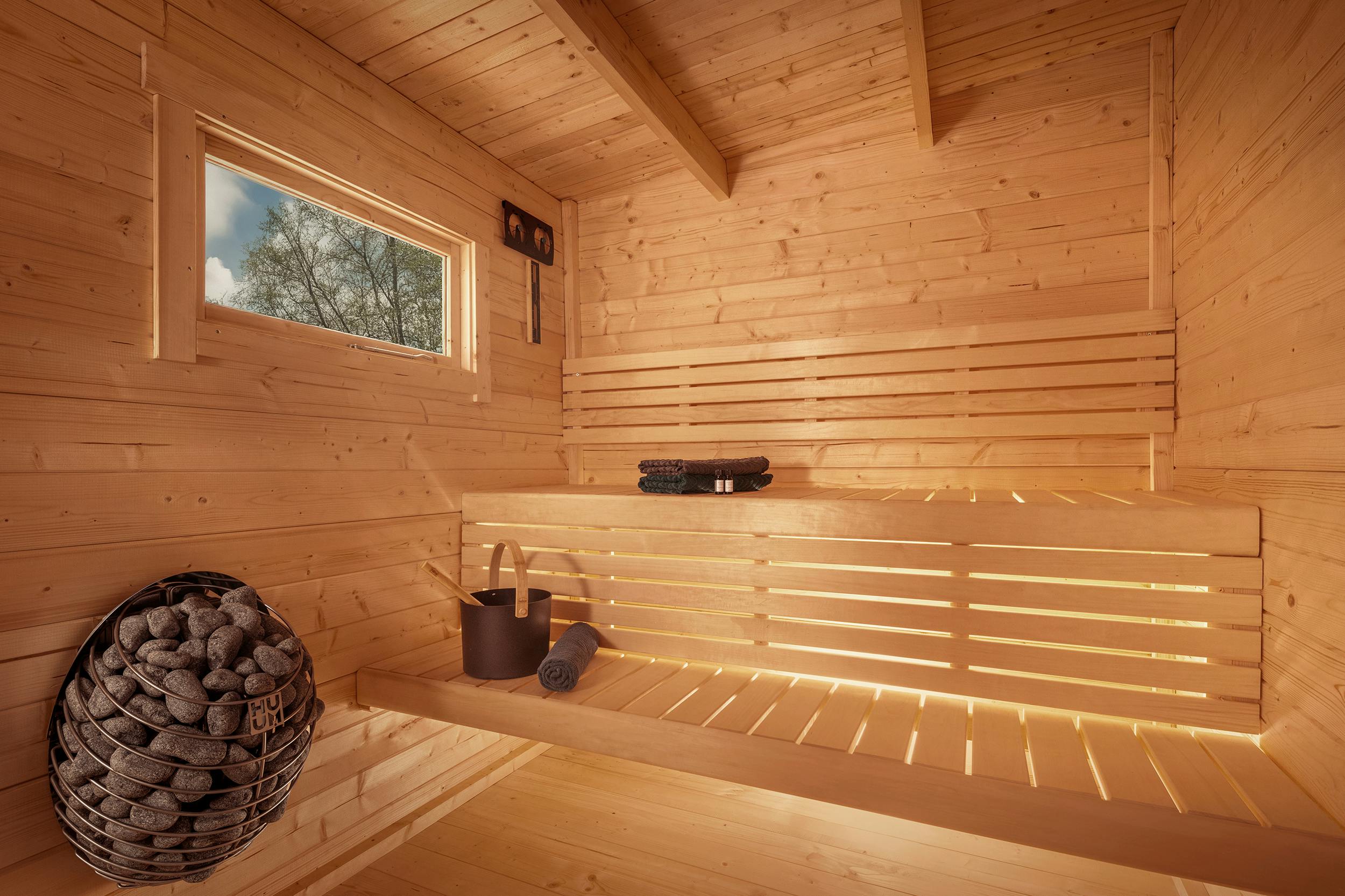 Nordic Red Outdoor Cabin Sauna, Compact Wood Sauna with Large Glass Window Door and glass