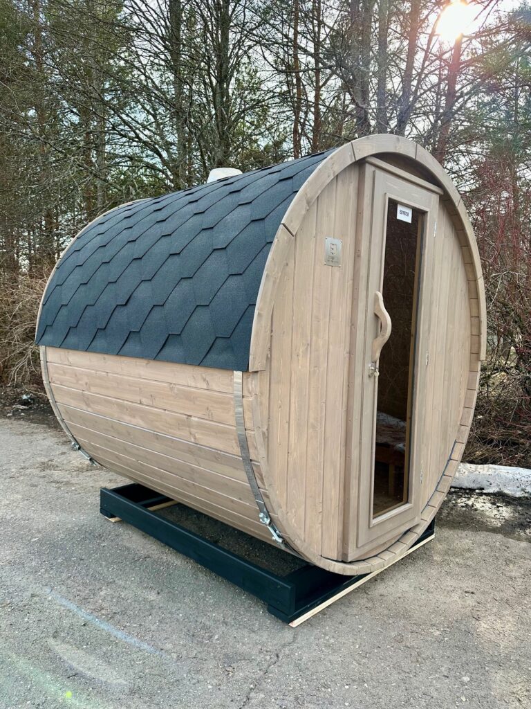 Nordic-Style Open-Concept Barrel Sauna, Outdoor Wood-Burning Sauna Cabin with Panoramic Glass Front Side profile