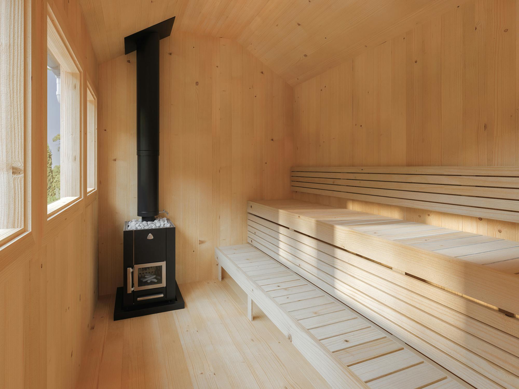 Nordic Style Outdoor Sauna Cabin, Grey Wood Sauna House with Traditional Wood Stove Setup Side profile