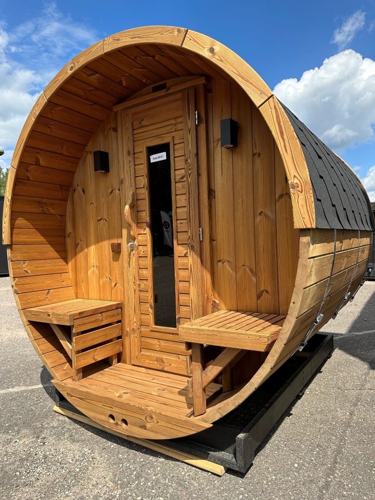 Nordic-Style Panoramic Barrel Sauna, Outdoor Wood-Burning Sauna Cabin with Full Glass Front Door and glass