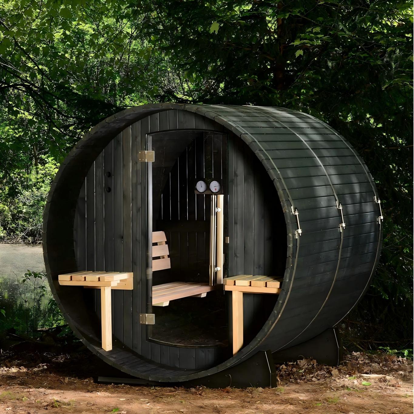 OEM Manufacturer Outdoor Barrel Sauna, Custom Size Wood Burning or Electric Sauna for Hotel Spa Door and glass