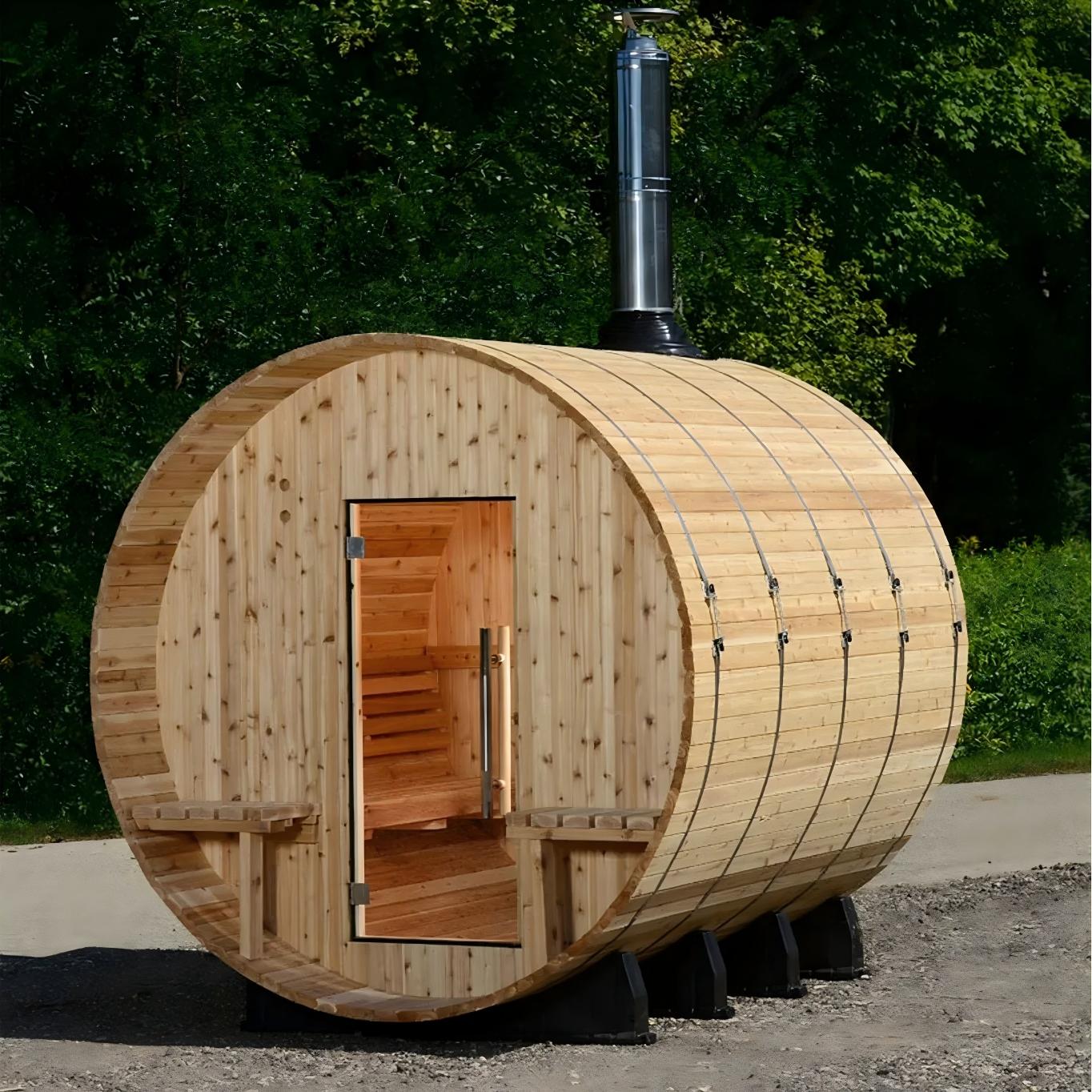 OEM Manufacturer Outdoor Barrel Sauna, Custom Size Wood Burning Sauna Cabin with Chimney Interior detail
