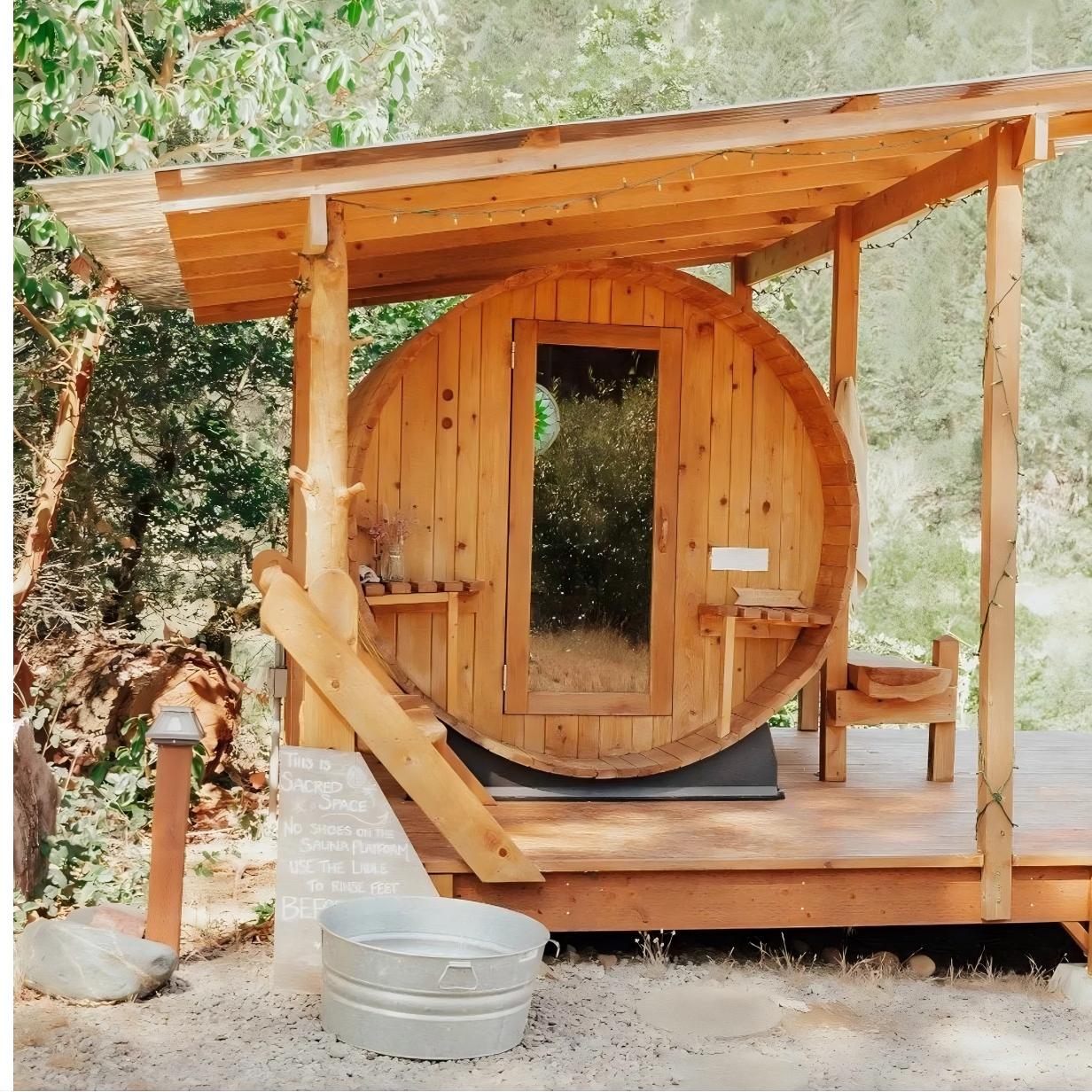 OEM Manufacturer Outdoor Barrel Sauna, Custom Size Wood Burning Sauna Cabin with Chimney Door and glass