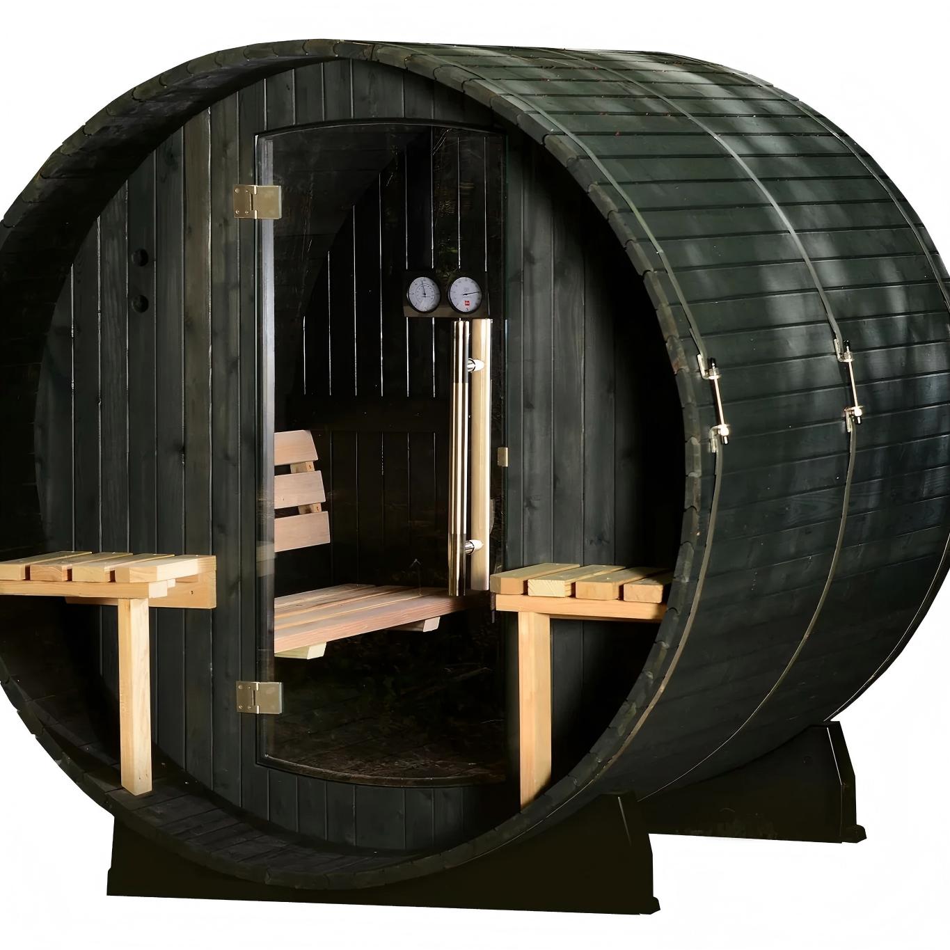 OEM Manufacturer Outdoor Barrel Sauna, Custom Size Wooden Steam Room with Panoramic Window for Resort Spa Exterior angle