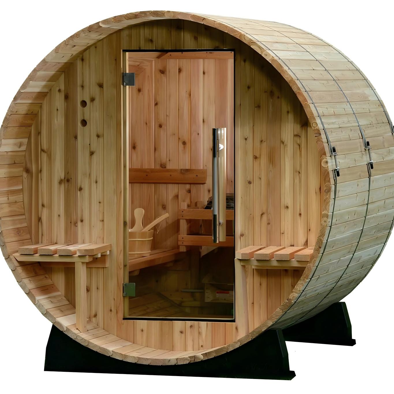 OEM Manufacturer Outdoor Barrel Sauna, Custom Size Wooden Steam Room with Panoramic Window for Resort Spa Interior detail