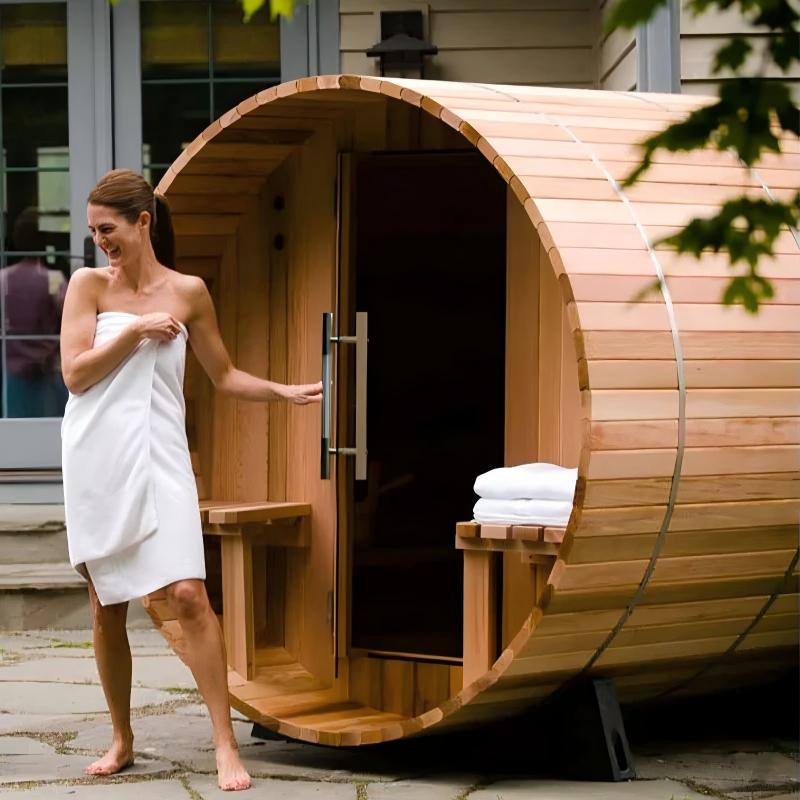 OEM Manufacturer Outdoor Barrel Sauna, Custom Size Wooden Steam Room with Panoramic Window for Resort Spa Side profile