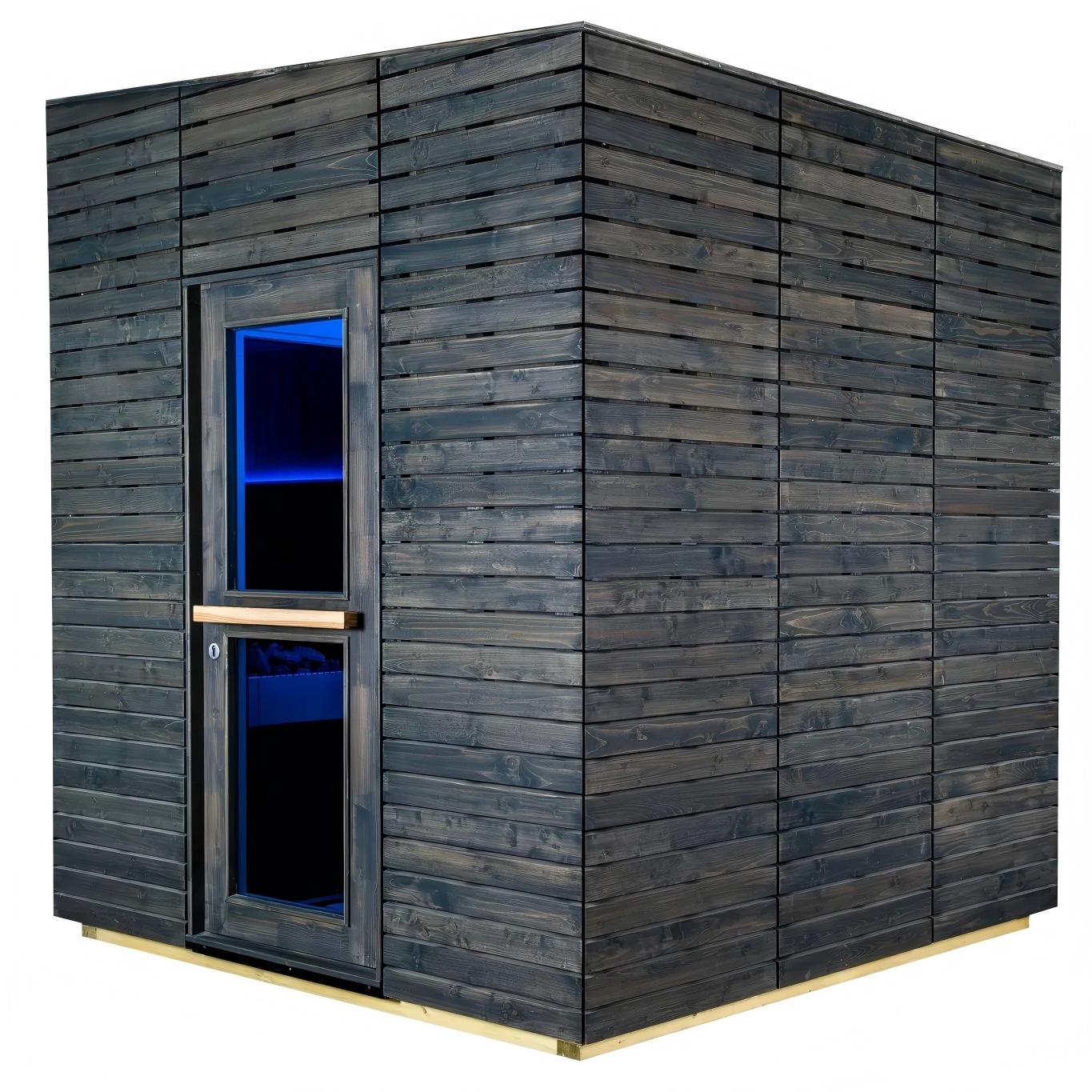 OEM Manufacturer Outdoor Panoramic Sauna, Custom Size Black Wood Steam Room with Large View Window Side profile
