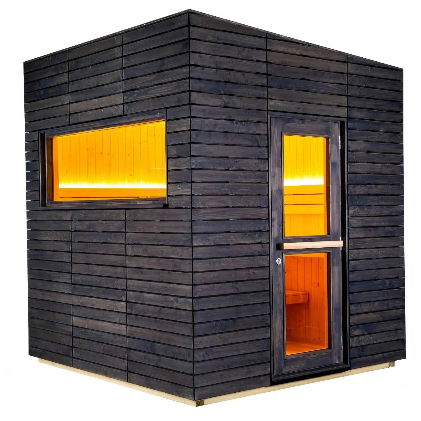 OEM Manufacturer Outdoor Panoramic Sauna, Custom Size Black Wood Steam Room with Large View Window Buyer reference