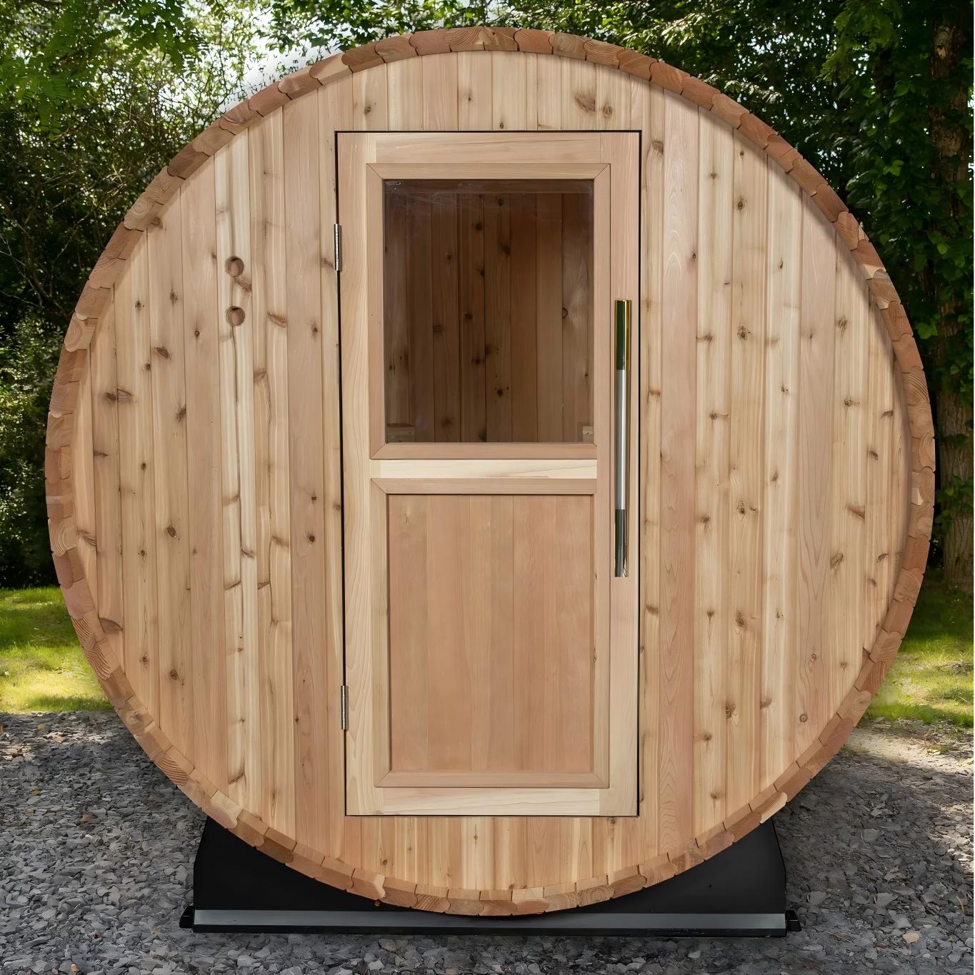 OEM Manufacturer Round Barrel Sauna, Customizable Outdoor Wooden Sauna House for Resort and Home Spa Exterior angle