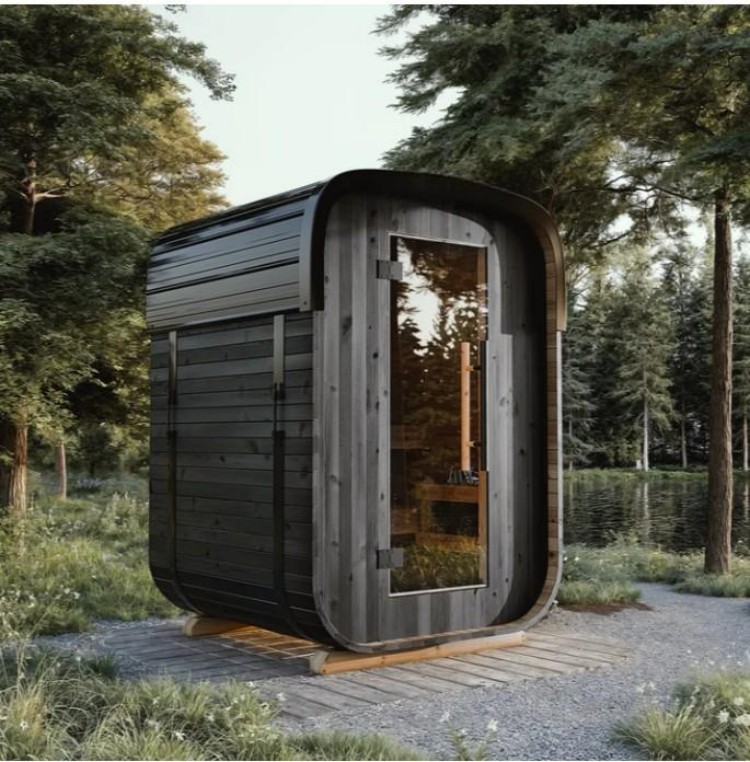 OEM/ODM Luxury Outdoor Sauna Barrel, Carbonized Wood Cladding, Traditional Wet/Dry Heat Sauna for Home &amp; Hotel Projects Exterior angle
