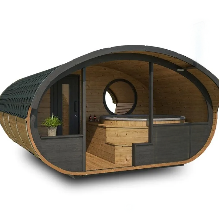 Outdoor Barrel Sauna with Cold Plunge Tub Exterior angle